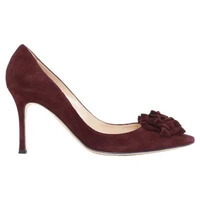 Manolo Blahnik Lisa Burgundy Suede Flower Applique Pumps In Red