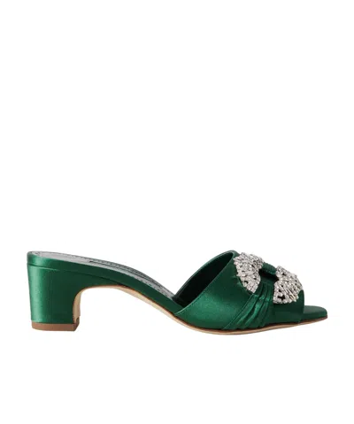 Manolo Blahnik Prinap 50 Crystal-embellished Ruched Satin Mules In Green