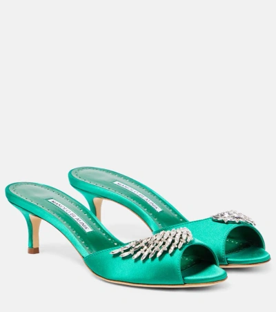 Manolo Blahnik Lumada 50 Embellished Satin Mules In Green