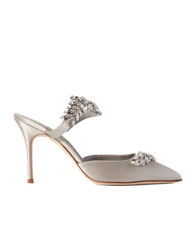 Manolo Blahnik Lurum 90 Crystal-embellished Silk Satin Mules In White