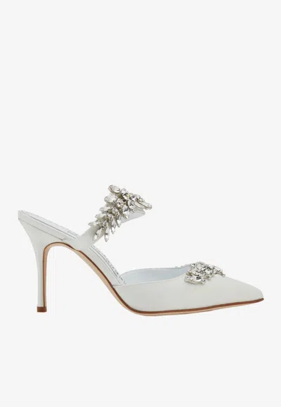 Manolo Blahnik Lurum 90 Crystal-embellished Mules In Satin In Ivory