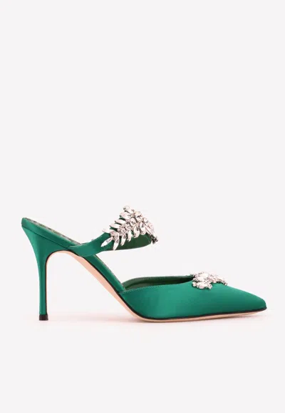 MANOLO BLAHNIK LURUM 90 SATIN CRYSTAL-EMBELLISHED MULES