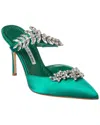 Manolo Blahnik Lurum 90 Satin Crystal-embellished Mules In Green