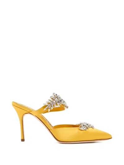 Manolo Blahnik Lurum Crystal-embellished Mules In Yellow