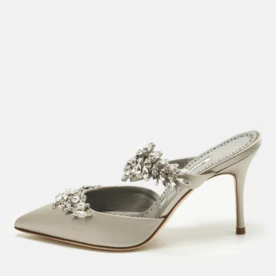 Pre-owned Manolo Blahnik Lurum Crystal Embellished Size 37.5 Grey Satin Mules In Gray
