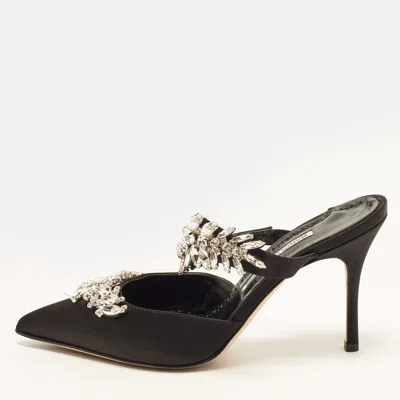 Pre-owned Manolo Blahnik Lurum Size 37 Black Satin Crystal-embellished Mules