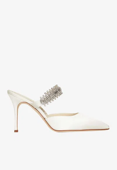 Manolo Blahnik Lutara 90 Crystal-embellished Satin Mules In Cream