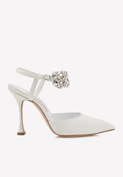 Manolo Blahnik Mabina 105 Crystal Embellished Satin Pumps In Cream