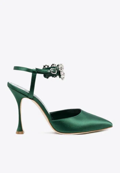 Manolo Blahnik Mabina 105 Crystal Embellished Satin Pumps In Green