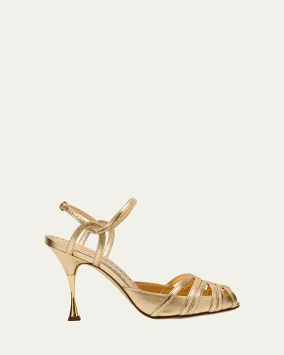 MANOLO BLAHNIK MAKANAK METALLIC CAGED ANKLE-STRAP SANDALS