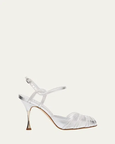 Manolo Blahnik Makanak Metallic Caged Ankle-strap Sandals In Silv0454
