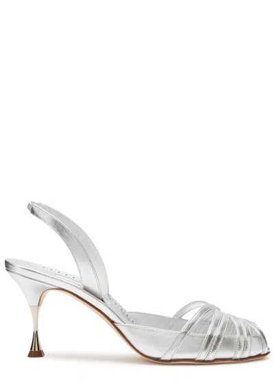 Manolo Blahnik Makanaksli 70 Metallic Leather Slingback Pumps In Silver