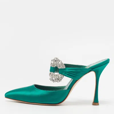 Pre-owned Manolo Blahnik Manolo Maidugura Lurum Size 37.5 Green Satin Crystal Embellished Mules