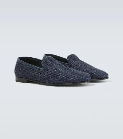 Manolo Blahnik Mario Leather-trimmed Raffia Loafers In Blue