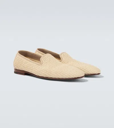Manolo Blahnik Mario Leather-trimmed Raffia Loafers In Neutrals