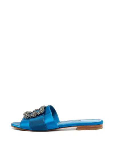 Pre-owned Manolo Blahnik Martamod Crystal-embellished Slides In Blue