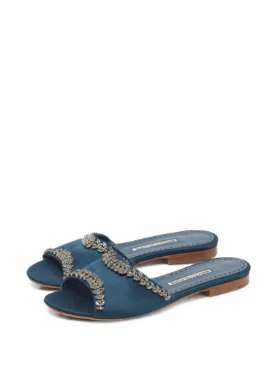Pre-owned Manolo Blahnik Martamod Crystal-embellished Slides In Blue