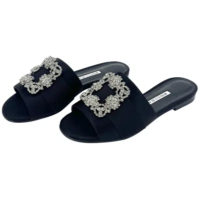 Pre-owned Manolo Blahnik Martamod Satin Crystal Embellished Slip On Flat Slides Sandals 37 In Black