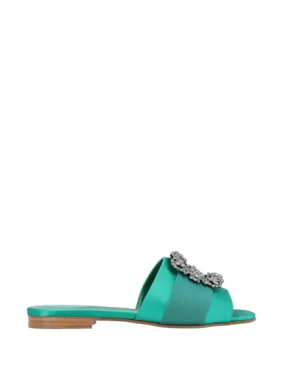 Pre-owned Manolo Blahnik Martamod Satin Flat Sandals In Green