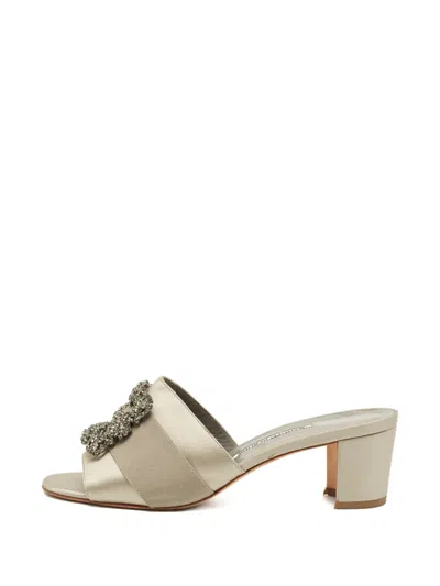 Pre-owned Manolo Blahnik Martamod Satin Jewelled Sandals In Neutral