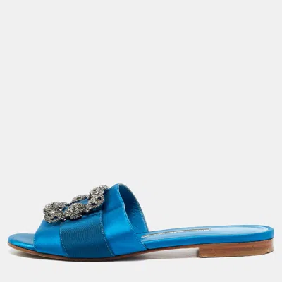 Pre-owned Manolo Blahnik Martamod Size 38.5 Blue Satin Crystal Embellished Flat Slide