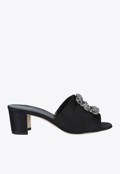 Manolo Blahnik Martanew 50 Crystal Buckle Satin Mules In Black