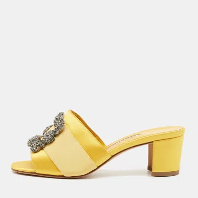 Pre-owned Manolo Blahnik Martanew Size 36.5 Yellow Satin Crystal Embellished Slide Sandals