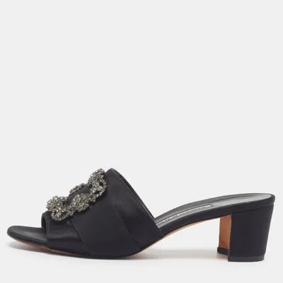 Pre-owned Manolo Blahnik Martanew Size 39.5 Black Satin Slide Sandals