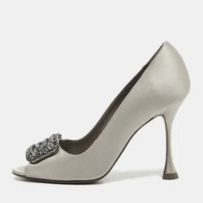 Pre-owned Manolo Blahnik Matik Size 36.5 Grey Satin Crystal Embellished Peep Toe Pumps In Gray