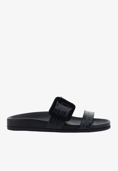 MANOLO BLAHNIK MAYFU CROC-EMBOSSED LEATHER FLAT MULES