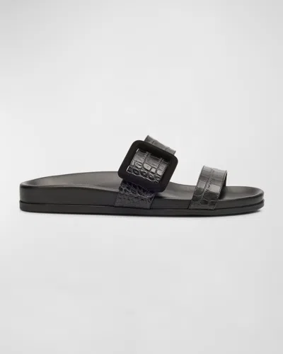 Manolo Blahnik Mayfu Fussbett Croco Slide Sandals In Black