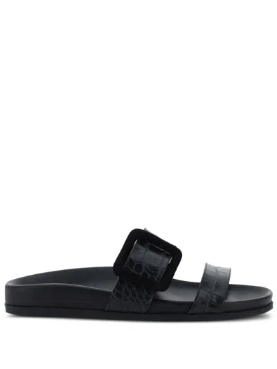 【MANOLO BLAHNIK】Mayfu Sandals BLACK Manolo Blahnik Mayfu Croc Embossed Leather Slide Sandals