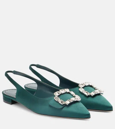 Manolo Blahnik Mayjou Satin Slingback Flats In Green