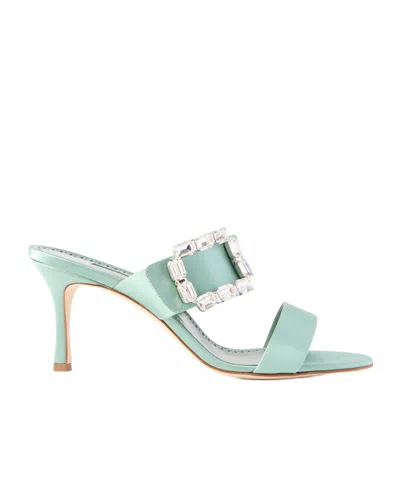 Manolo Blahnik Mayjousan 70 Crystal-embellished Satin Mules In Green