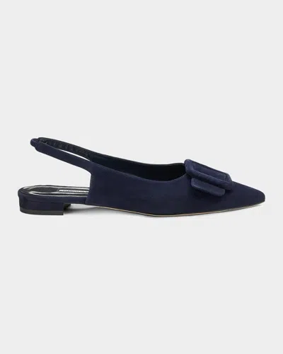 Manolo Blahnik Maylura Suede Buckle Slingback Flats In Black