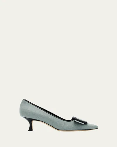 Manolo Blahnik Maysale 50 Buckle Kitten-heel Pumps In Gray