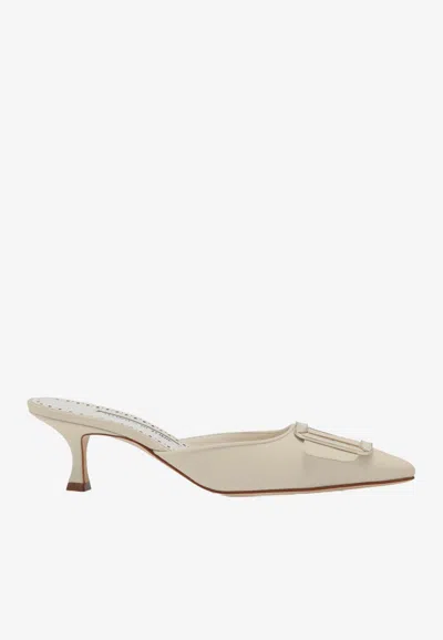 Manolo Blahnik Maysale 50 Pearl Buckle Silk Mules In White