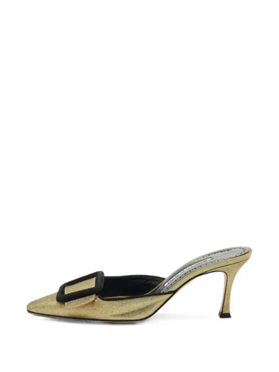 Pre-owned Manolo Blahnik Maysale Buckle Mules In Gold