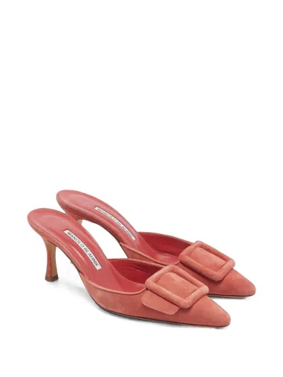 Pre-owned Manolo Blahnik Maysale Buckle Mules In Red