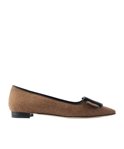 Manolo Blahnik Maysale Buckled Leather-trimmed Wool Point-toe Flats In Brown