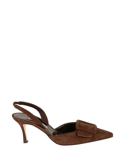 Manolo Blahnik Maysli Suede Slingback Pumps With Decorative Buckle In Brown