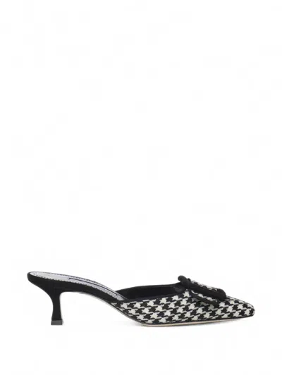 Manolo Blahnik Maysale Houndstooth Mules In White