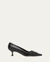 Manolo Blahnik Maysale Leather Buckle Kitten Pumps In Black