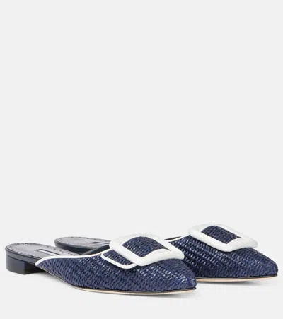 Manolo Blahnik Maysale Leather-trimmed Raffia Mules In Blue