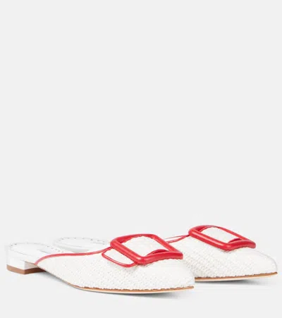 Manolo Blahnik Maysale Leather-trimmed Raffia Mules In White