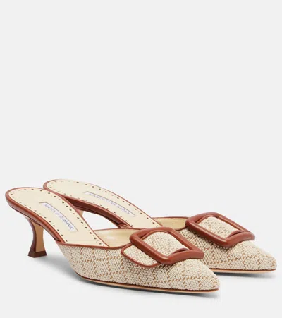 Manolo Blahnik Maysale Leather-trimmed Mules In White