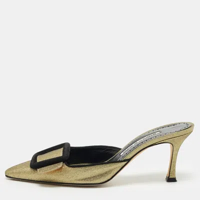 Pre-owned Manolo Blahnik Maysale Size 37 Gold Glitter And Suede Mules
