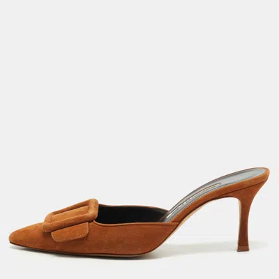Pre-owned Manolo Blahnik Maysale Size 37.5 Brown Suede Mules