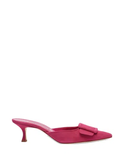 Manolo Blahnik Maysale Square Buckle Point-toe Mules In Pink