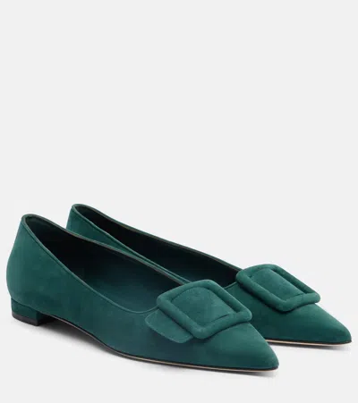 Manolo Blahnik Maysale Suede Ballet Flats In Green